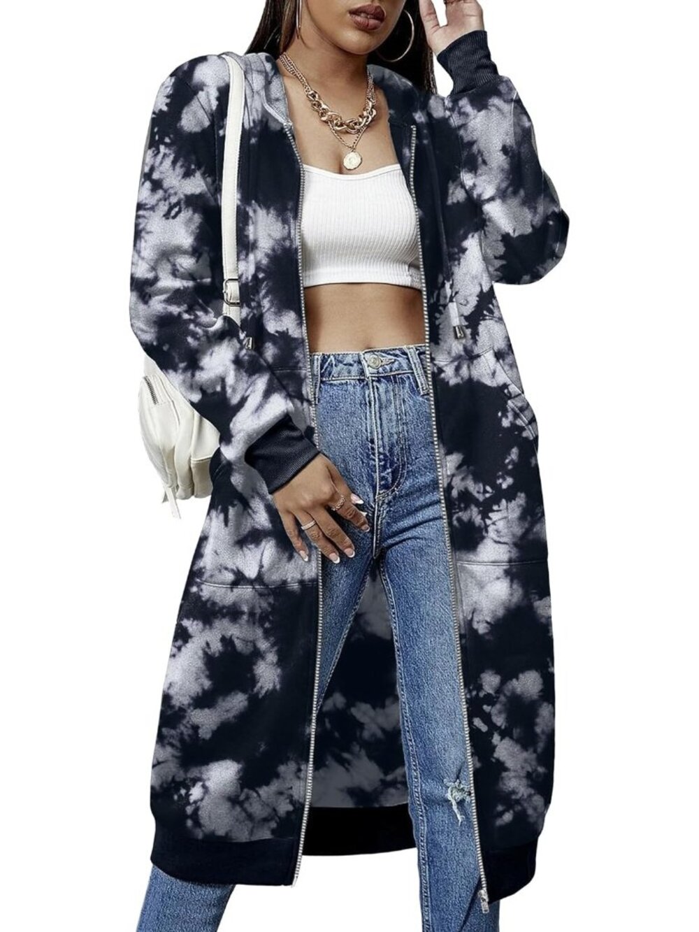 〽️Women Tie Black Casual Zip Up Fleece Tunic Oversized Pocket Long Hoodie Jacket